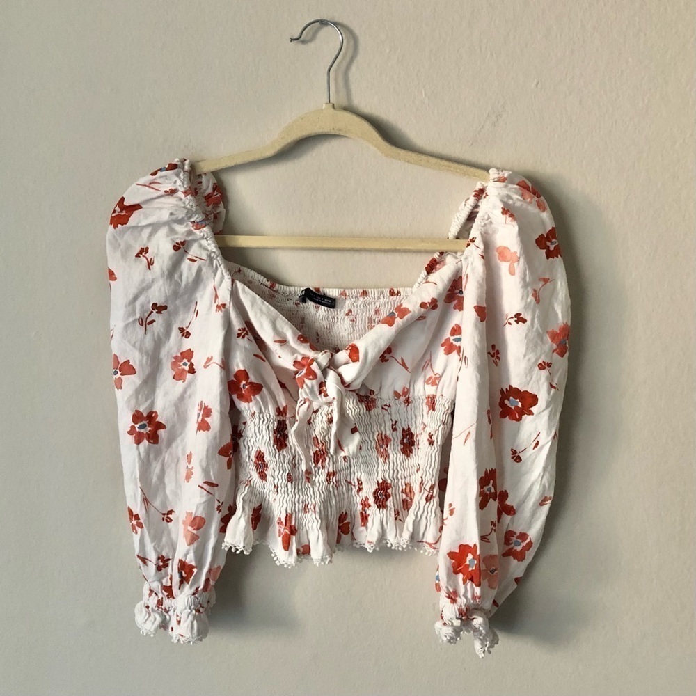 Zara Floral Linen Blend Cottagecore Blouse in White S